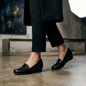 Classic Black Buckle Strap Wedge Heel Bellies for Women